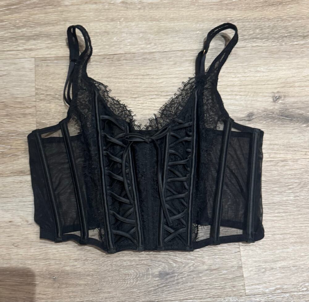 Victoria’s Secret Black Lace Mesh Corset Bustier Top Size Medium